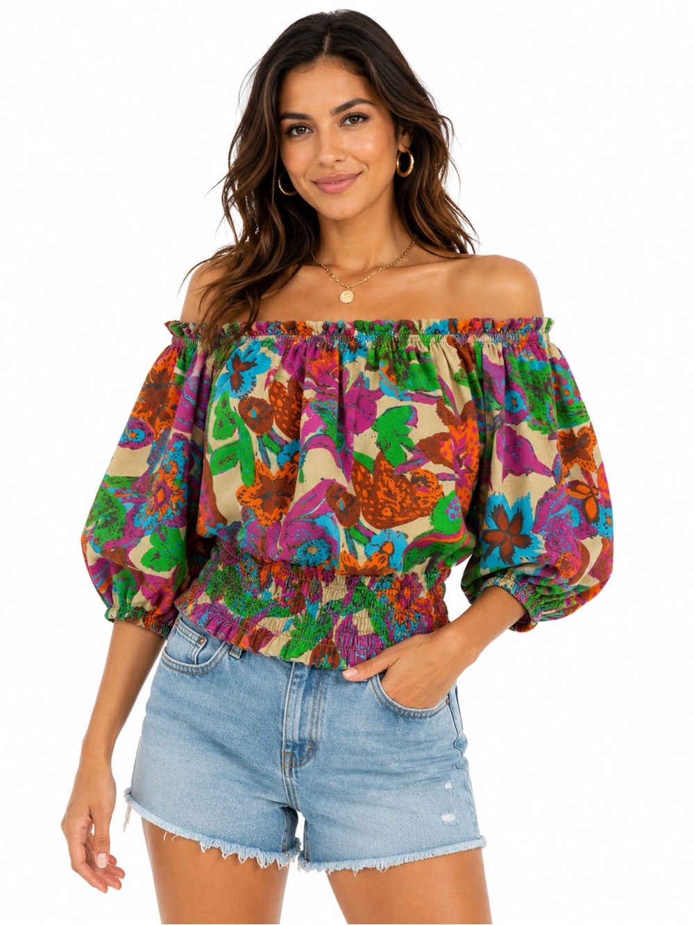 Jenifer & Grace Off Shoulder Floral Peasant Top L Boho Cottagecore 100% Cotton‎